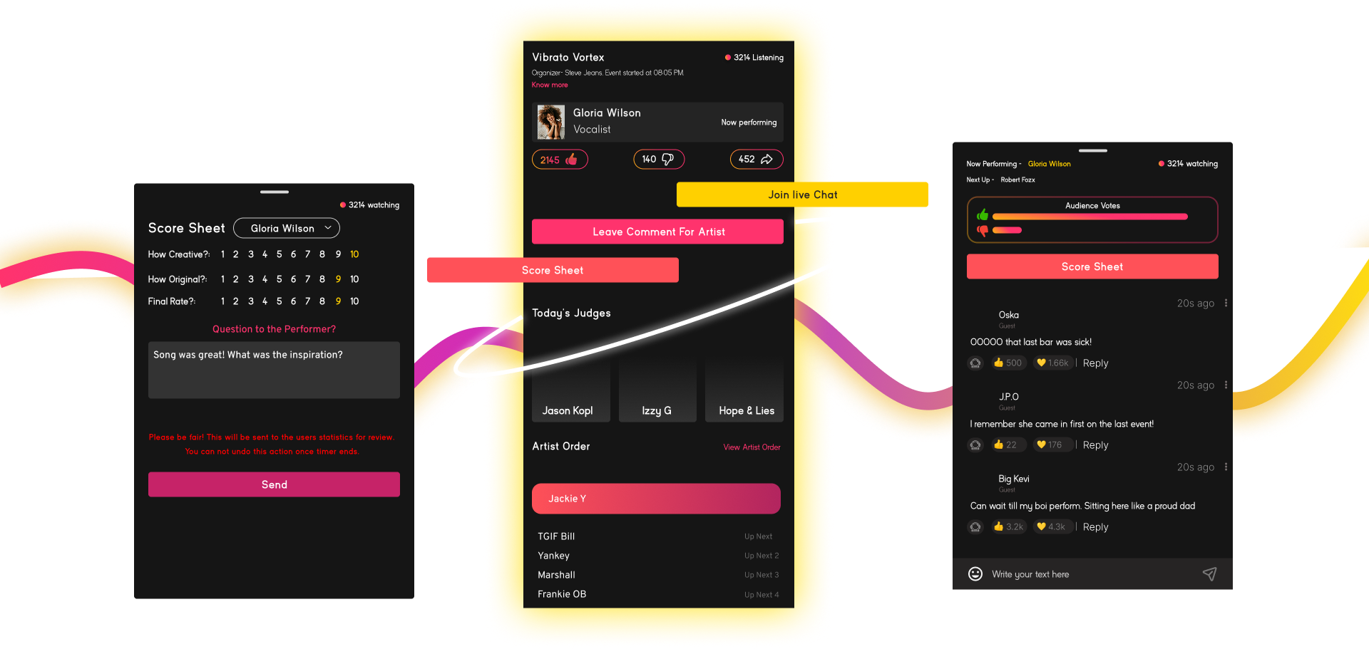 Audience joining app screens – Score Sheet, Live Chat, Audience Votes